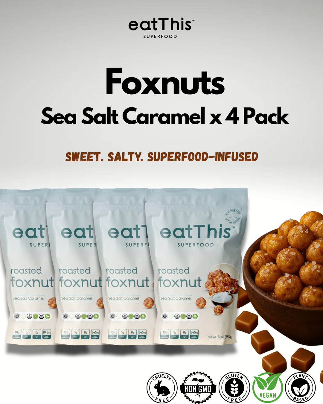 Sea Salt Caramel Foxnuts (4-Pack)| Sweet & Salty Indulgence with Crunch